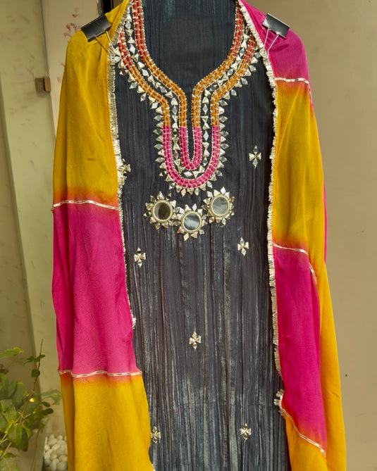 Mirror work crushed velvet grey suit set with gotta work and pure chiffon dupatta