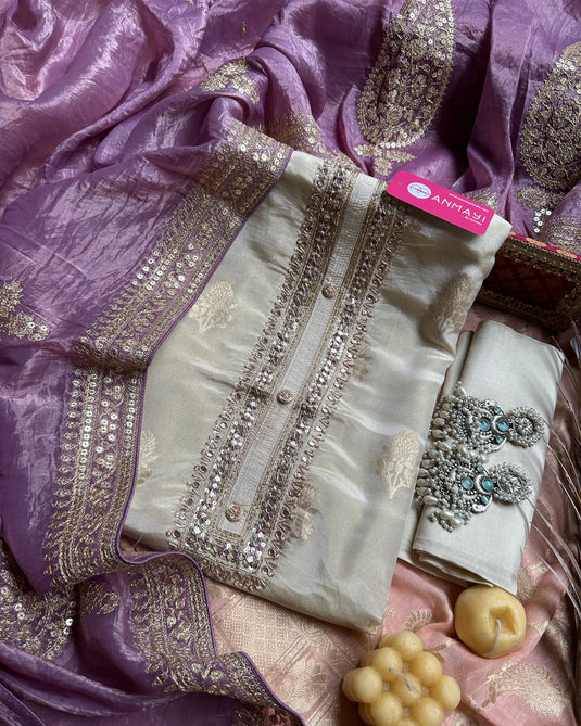 Pure tissue silk zari neck suit with combination crushed dupatta