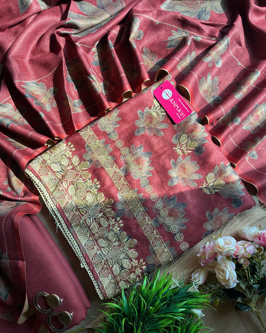 Spun Pashmina lotus print suit set with thread work