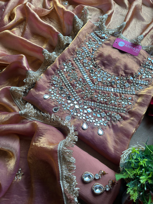Mirror work rose gold shimmer silk suit set with fringe lace details