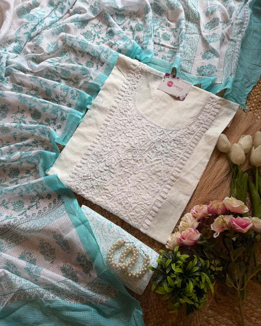 Cotton print chikankari neck with Kota print dupatta