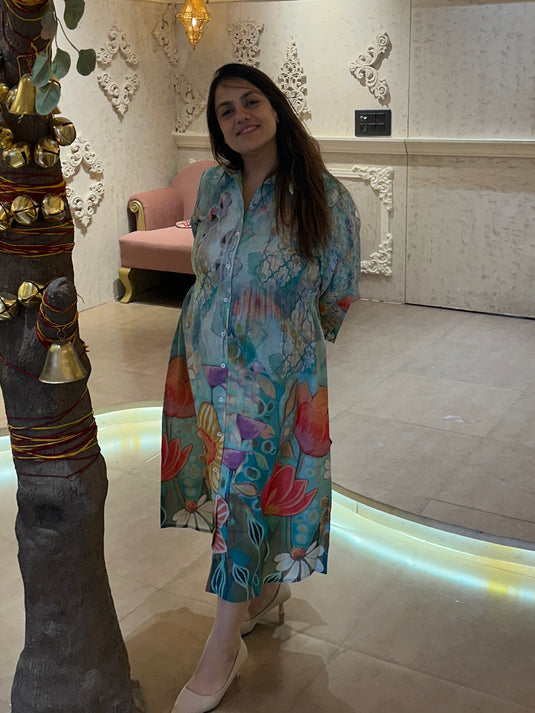 Cotton linen digital print one piece dress