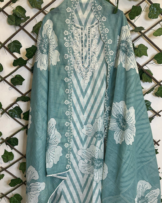 Linen zig zag patterned floral dupatta suit set