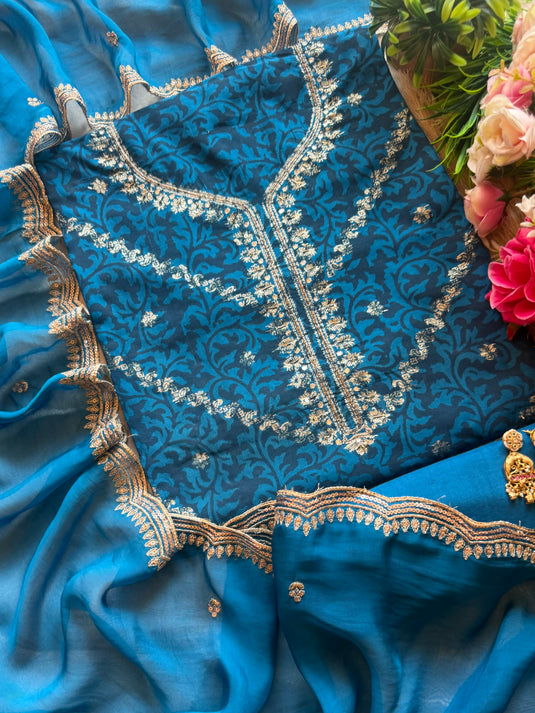 Cobalt Blue wave jacquard silk suit set with organza dupatta