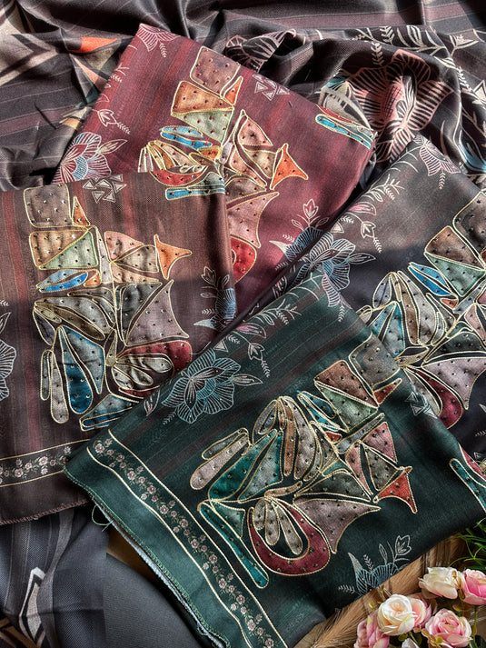 Spun Pashmina abstract print highlighted suit set