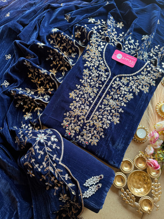 Crushed velvet mirror work suit set