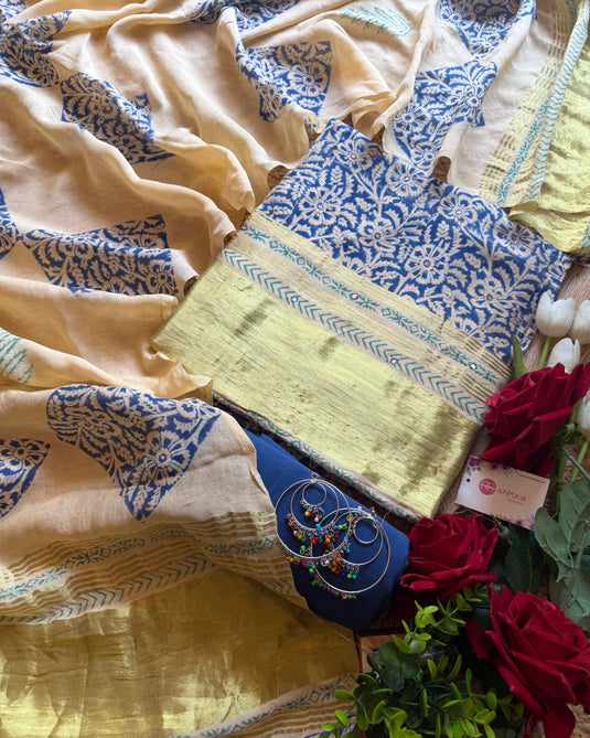Muslin ajrakh print paper mirror work suit set with printed dupatta