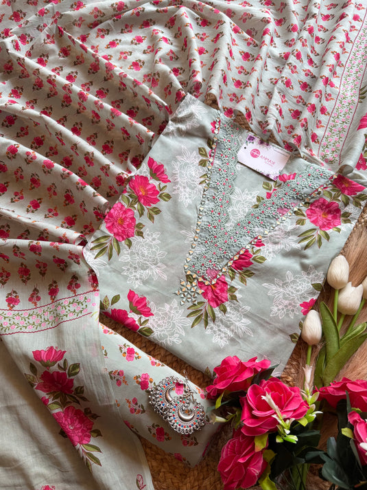 Blushing rose lace neck pure cotton suit set