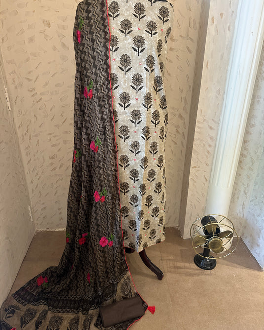 Coffee brown pure cotton block print suit set with phulkari work dupatta