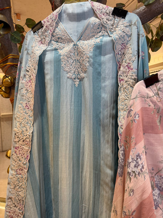 Stripy pure Mul pastel suit set with Dori weave and floral dupatta
