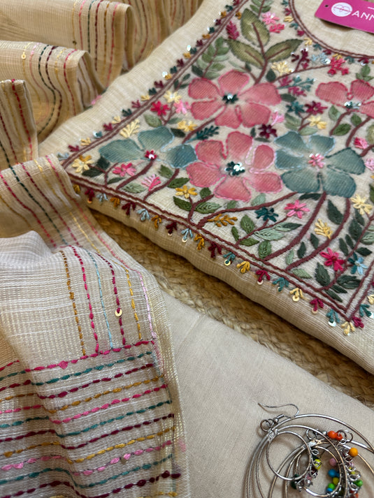 Golden Shimmer Kota Kantha embroidered neck work