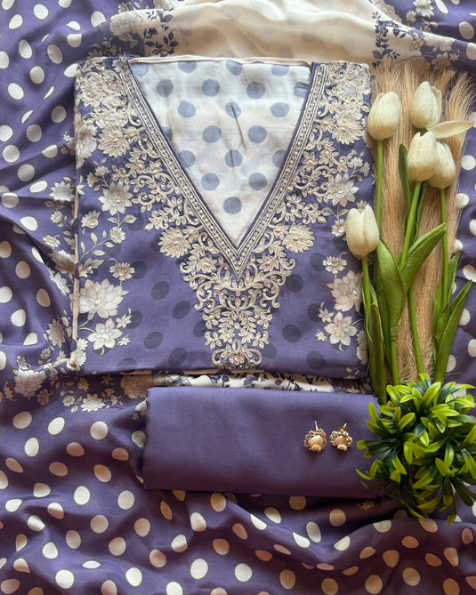 Polka dots floral fusion pure muslin suit  set
