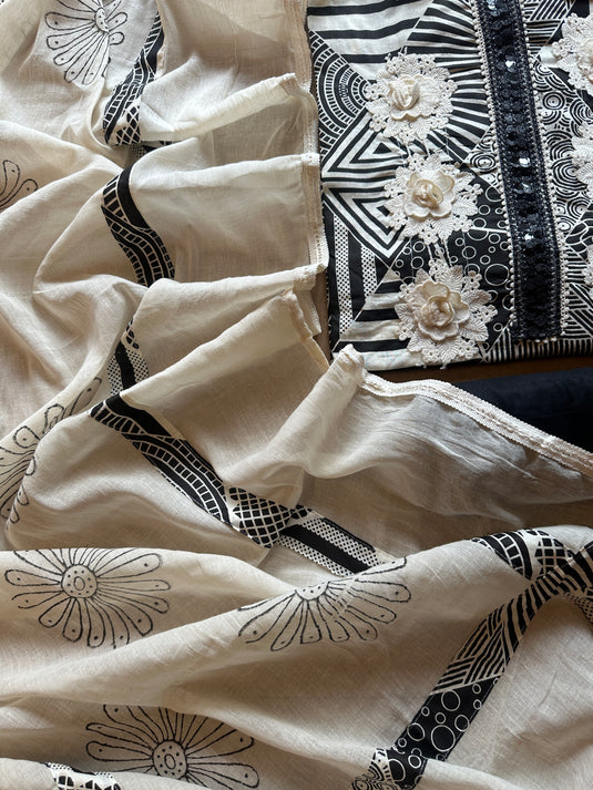 Crochet flowers abstract black n white cotton suit set