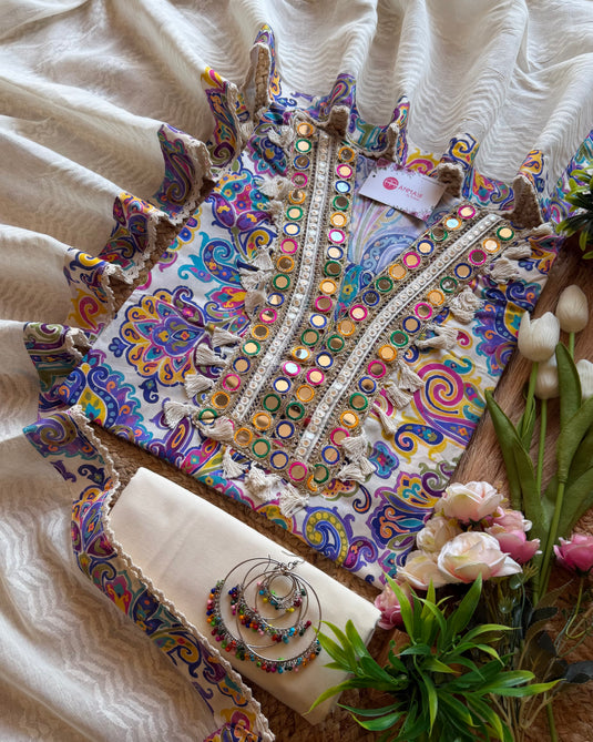 Arabic print mirror neck cotton suit set with cotton dupatta
