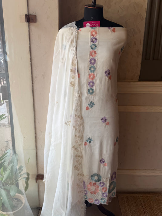Monsoon pastel flower motifs soft mul chanderi suit set