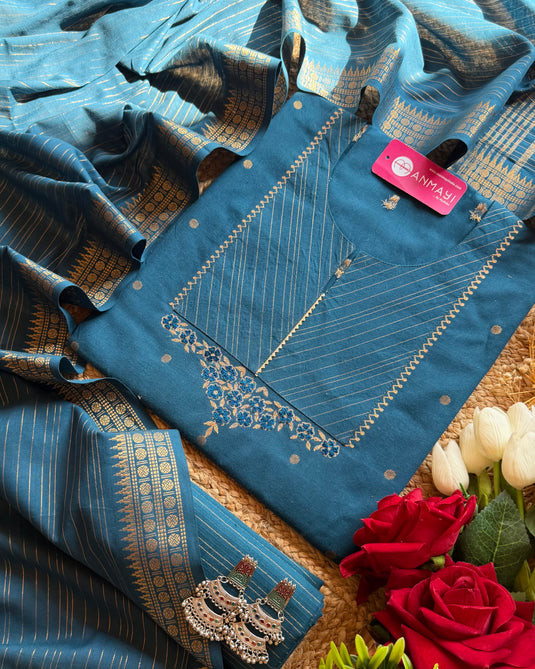 Handloom cotton temple neck suit set