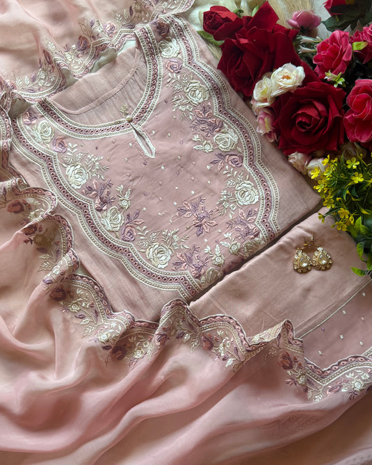 Parsi work semi stitched patched organza neck pure Mul cotton suit