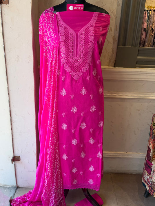 Lucknawi Chikankari fuchsia pink suit set with chiffon dupatta