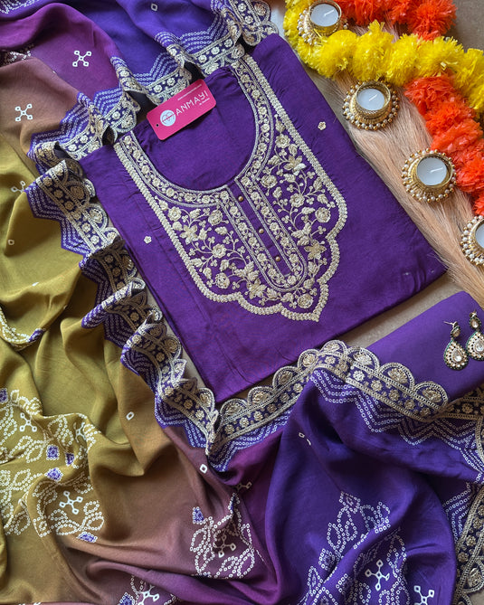 Upada silk dori temple neck suit with combination bandhani dupatta
