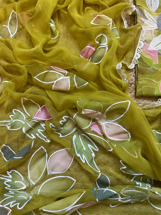 Floral embroidered neck cotton suit set with chiffon handpaint dupatta