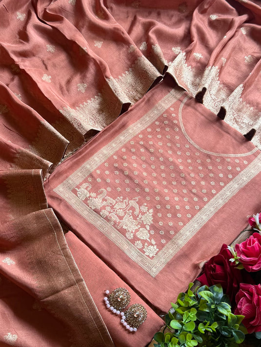 Jacqard work dolla silk neck work suit set