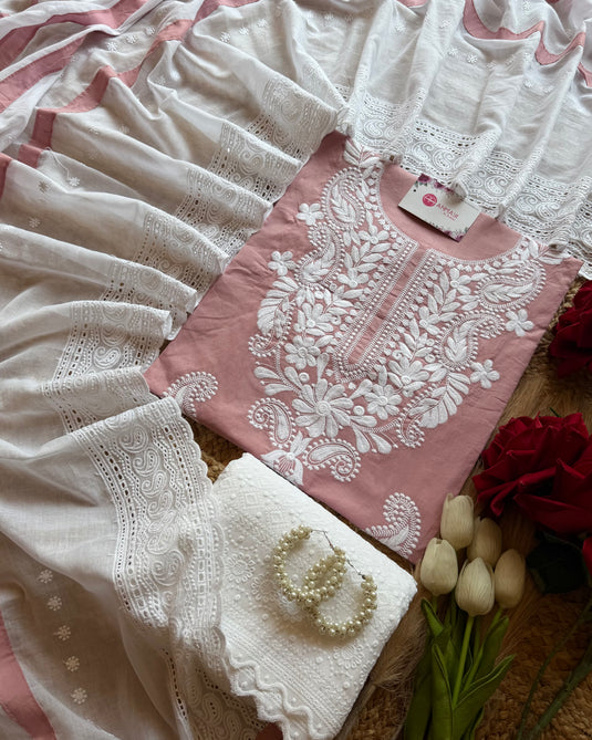 Chikankari neck cotton suit set with Hakooba bottom and dupatta