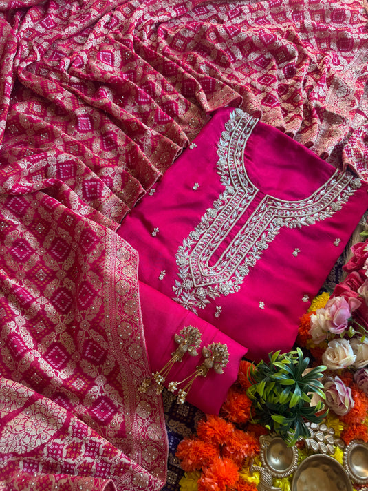 Sagan Pure silk zardosi work suit with highlighted khaddi Georgette dupatta