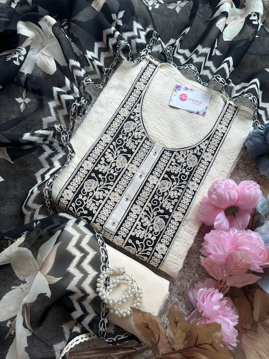 Kota Doria black white Dori embroidered neck with organza dupatta