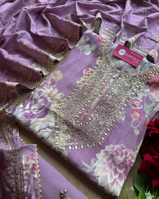 Printed modal floral suit set with golden Dori work