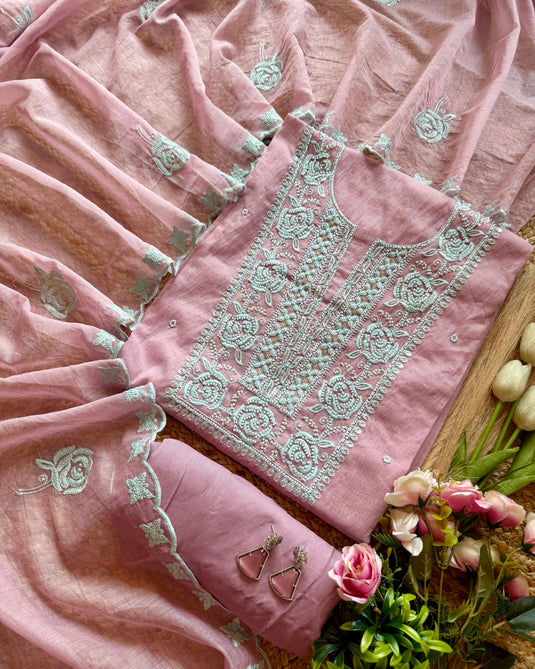Bold pearl rose Mul Chanderi pastel suit set