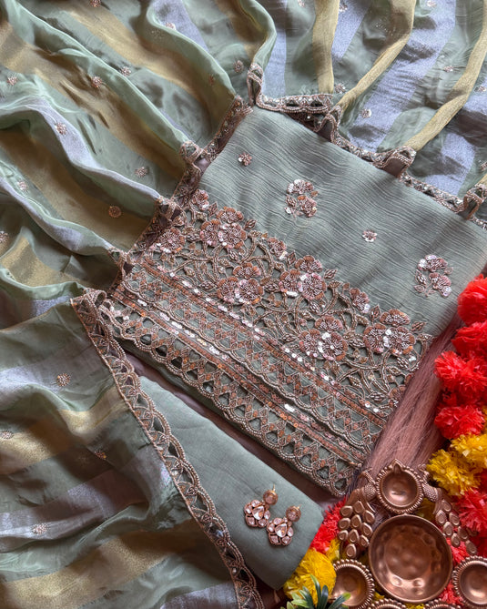 Crushed shimmer jaal cutwork embroidered suit set