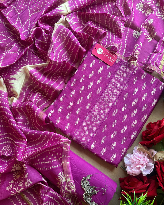Maheshwari cotton printed suit set with Bandhani print dupatta