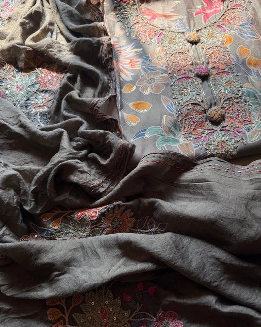 Printed pastel grey modal suit set