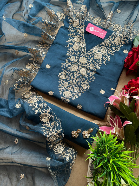 Dori work semi muslin suit set with organza dupatta