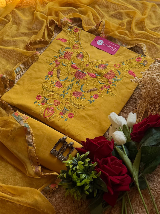 Machine embroidered pure cotton suit set with chiffon dupatta