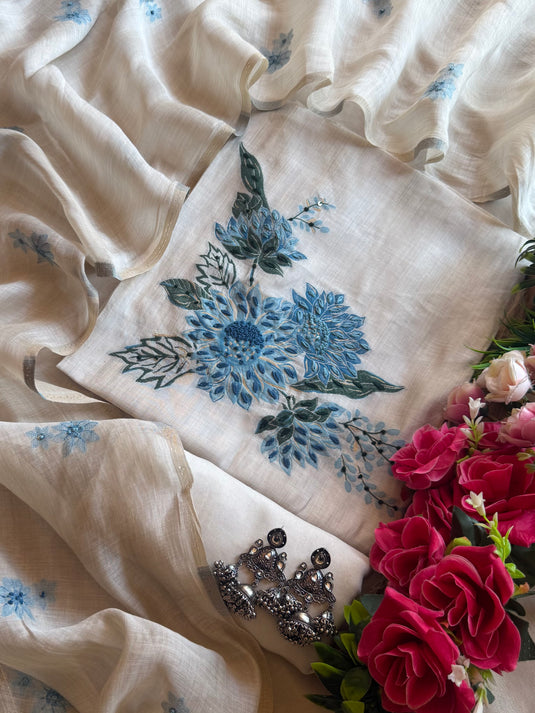 Creamy french knots soft Maheshwari suit set