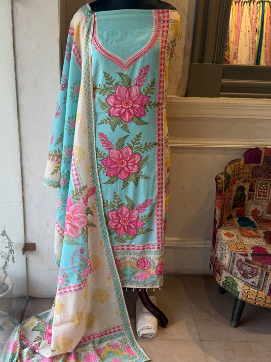 Arabic Mul Chanderi cotton coloured pearl suit set