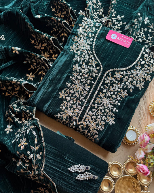 Crushed velvet mirror work suit set