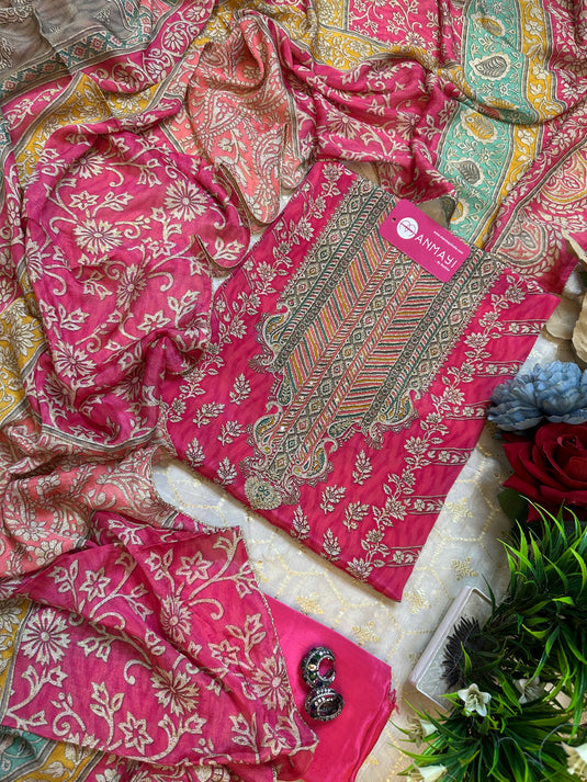 Arabic print pure crepe suit set with pure chinnon dupatta