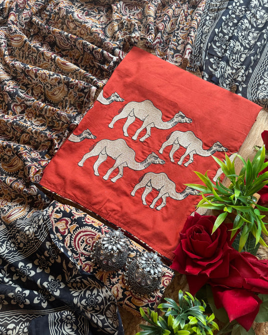 Cotton camel motif suit set with Ajrakh cotton dupatta and bottom