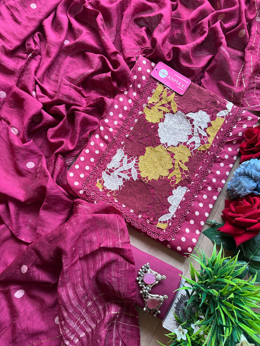 Polka dots crochet detailed cotton suit set with glazed cotton dupatta