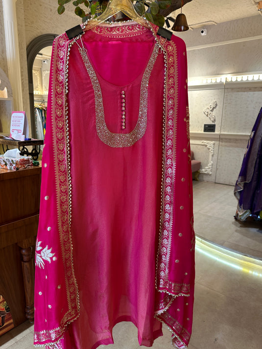 Shimmer lines u neck cutwork suit set