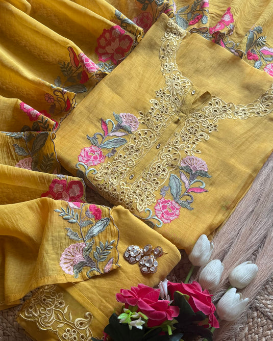 Intricate thread schiffli work pure mul cotton suit