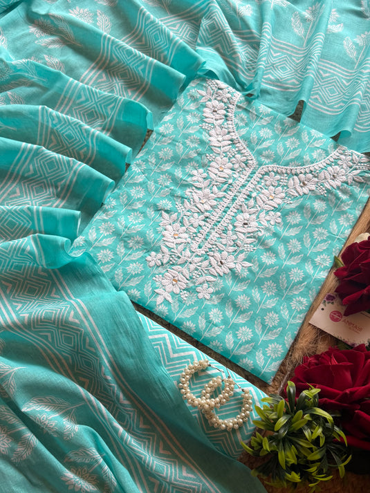 Phulkari neck printed cambric cotton suit set