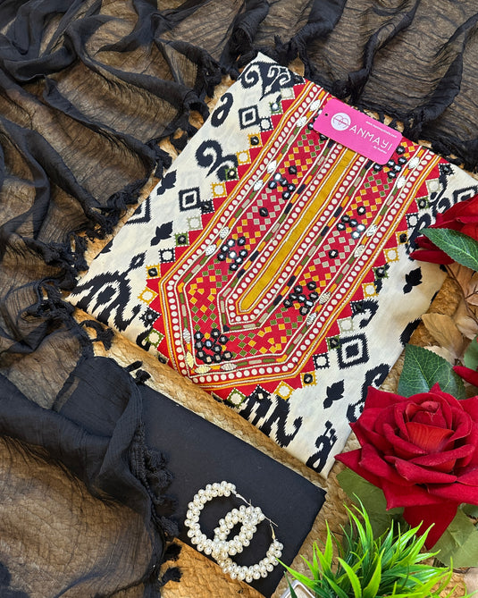 White black boho cotton suit with chiffon dupatta