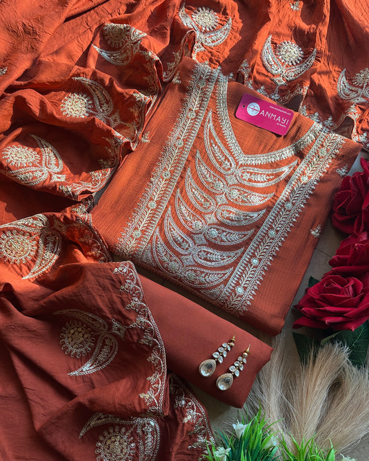 Cotton silk dori work yog neck suit set