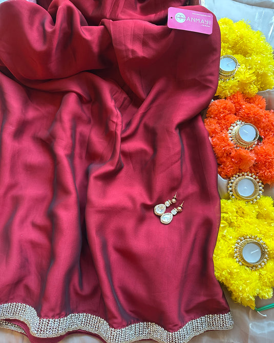 Stone border chinnon plain saree with hand embroidered blouse