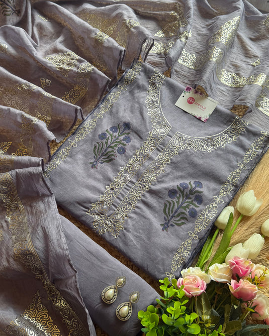 Mul Chanderi pita work block print suit set