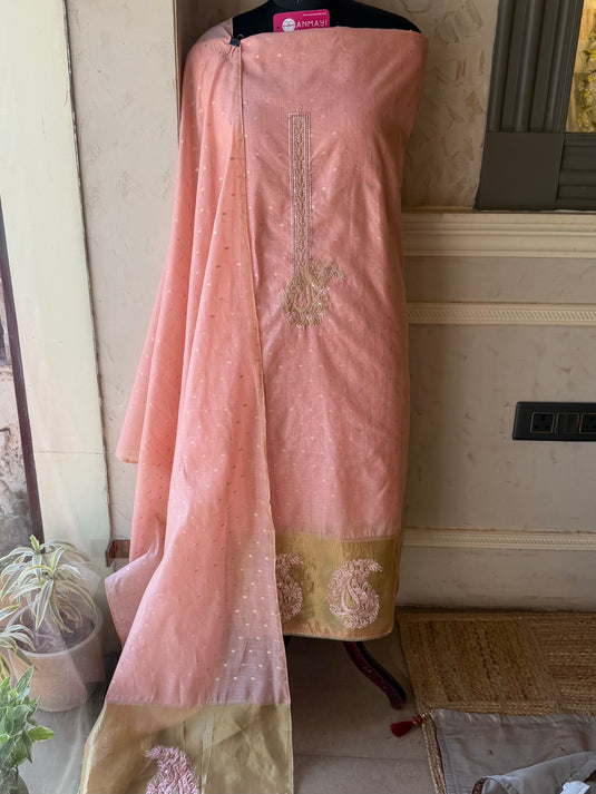 Pastel Jamdani Zari weave Chanderi suit set