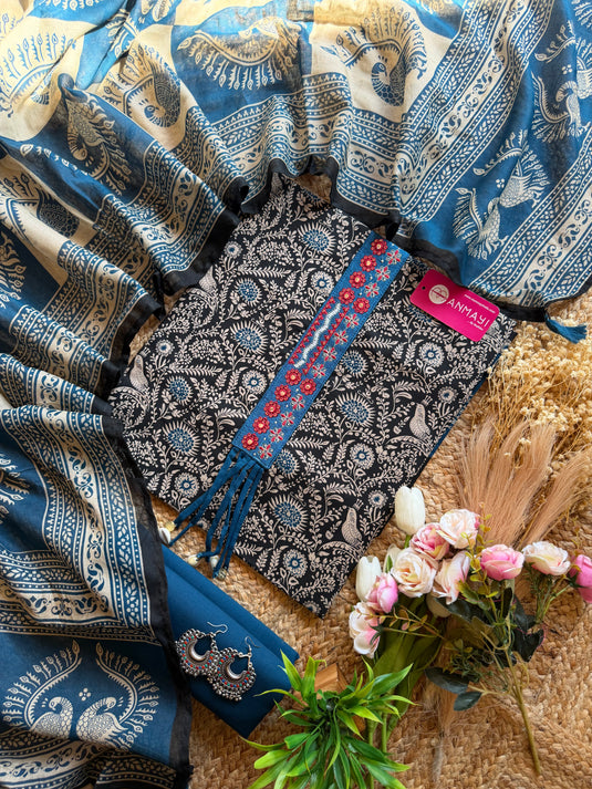 Stem print black combination cotton suit set